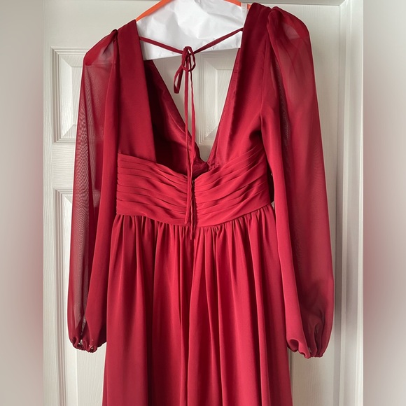 Azazie A-Line V-Neck Long Sleeve Chiffon Dress, in Pomegranate, Azazie Norah - Picture 6 of 7